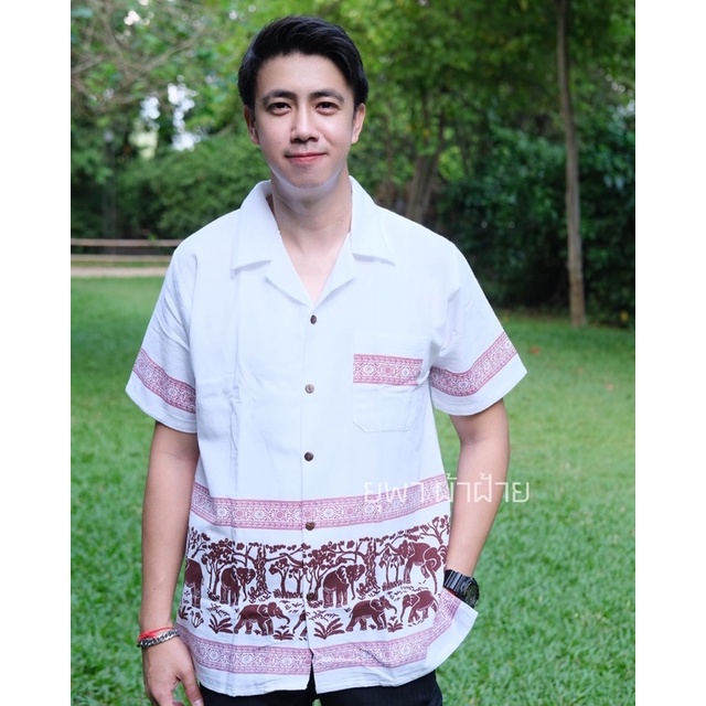 เสื้อผ้าฝ้ายเนื้อนิ่ม คอปก พิมพ์ลายช้าง #1