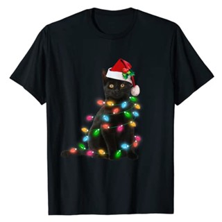 Black Cat Christmas Light T-shirt Funny Cute Cat Lover Christmas-Costume Y2k Clothes Xmas Gifts Graphic Tee Tops Family