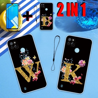 2 IN 1 Realme C21Y C25Y เคสโทรศัพท์ พร้อมกระจกนิรภัยกันรอยหน้าจอ เซรามิค ฟิล์มโค้ง ลายตัวอักษร