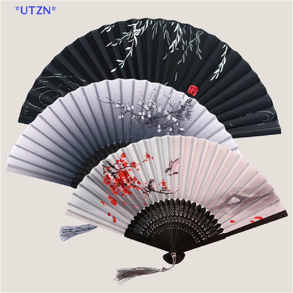 UTZN> Chinese Silk Folding Fan  Shank Classical Dance Fan Home Decoration new