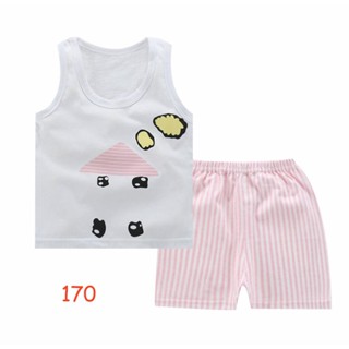 S-PJG-170-NSLING ชุดนอนเด็กเสื้อกางเกง แขนกุดขาสั้น สีขาวชมพูบ้าน