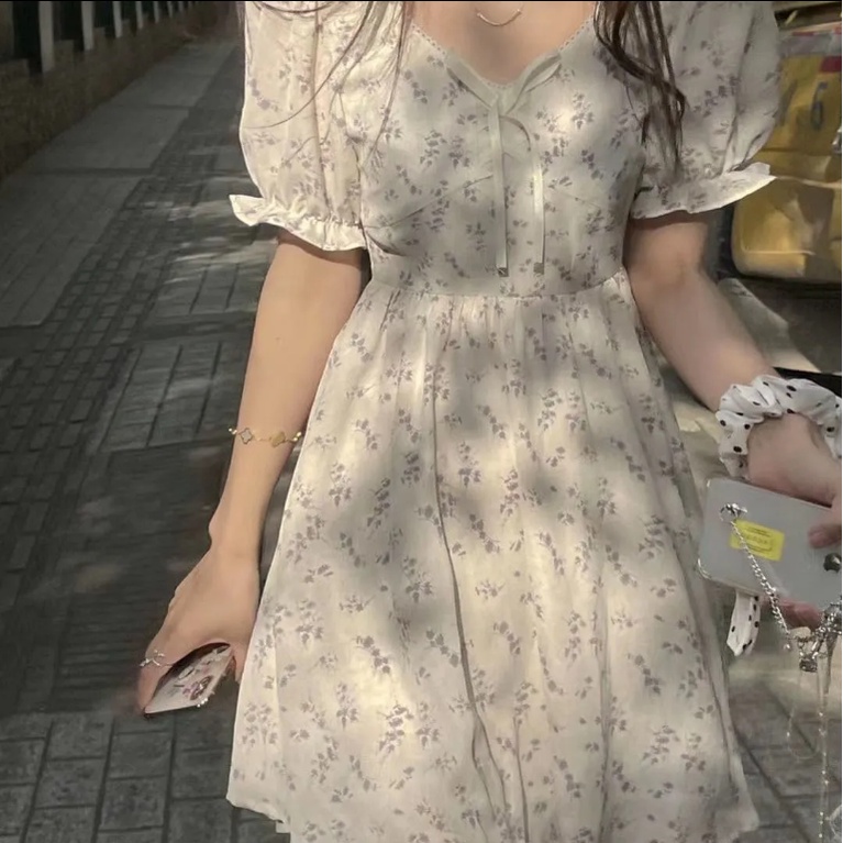 เดรส เดรสลายดอกไม้ เอว คอปาด สาวหน้าร้อน แขนพอง
