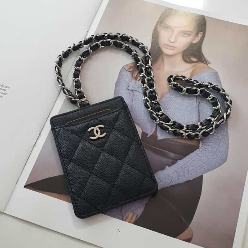 ส่งฟรี🔥 กระเป๋าใส่บัตร การ์ด พรีเมี่ยมกิ๊ฟแท้💯 Chanel สีดำ คล้องคอ ผู้หญิง อะไหล่เงิน สุดหรู