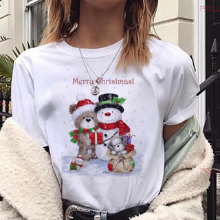 TT-ผู้หญิง Snowman และหมีเสื้อยืดสีขาว Merry Christmas Xmas ของขวัญการ์ตูน Tshirt Harajuku แฟชั่นปีใหม่เสื้อยืด