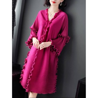 2MUAY PLEAT เดรสผู้หญิง เดรสพลีทคุณภาพ รุ่น PP61443 2สี FREE SIZE V NECK RAFFLE PLEAT DRESS