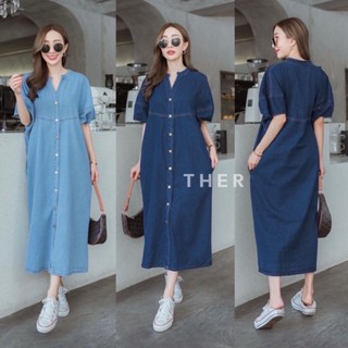 🌈🌿🌼🌺🌸💙🇰🇷 Jeans CHN Collar Short Sleeve Maxi Dress