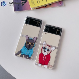 Jusheng เคสโทรศัพท์มือถือแฟชั่น ลายสุนัข แว่นกันแดด สําหรับ Samsung Z Flip4 Z Flip3