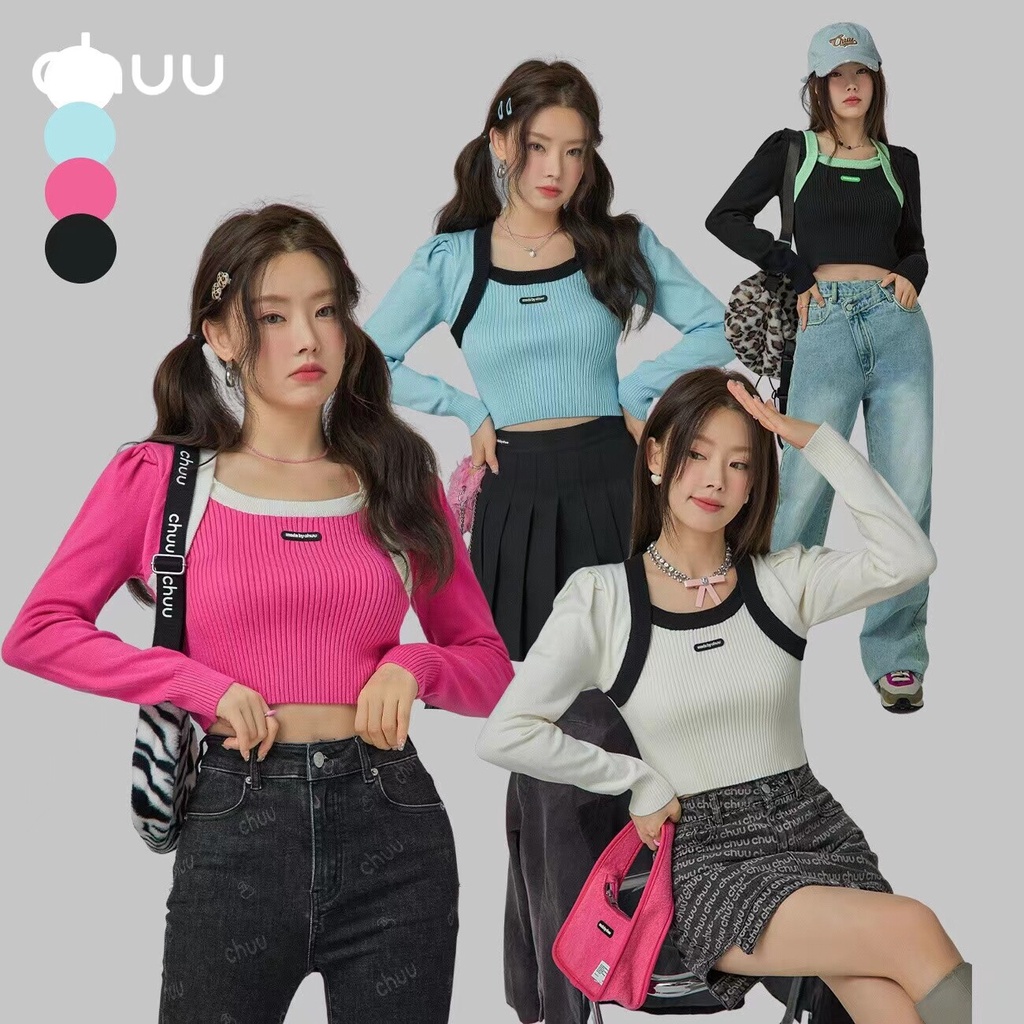 Gakki เสื้อครอปถักแขนพองสเวตเตอร์ผู้หญิงแขนยาวกันหนาว ผ้านิ่มใส่สบาย ฟรีไซส์ 82015#