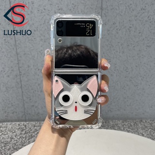 Lushuo เคสโทรศัพท์มือถือแบบกระจก ลายแมวน่ารัก แฟชั่น สําหรับ Samsung Galaxy Z Flip 3 5G and Z Flip 4 1/2 Z Flip3 ZFlip3 ZFlip 3 Z Flip4 ZFlip 4