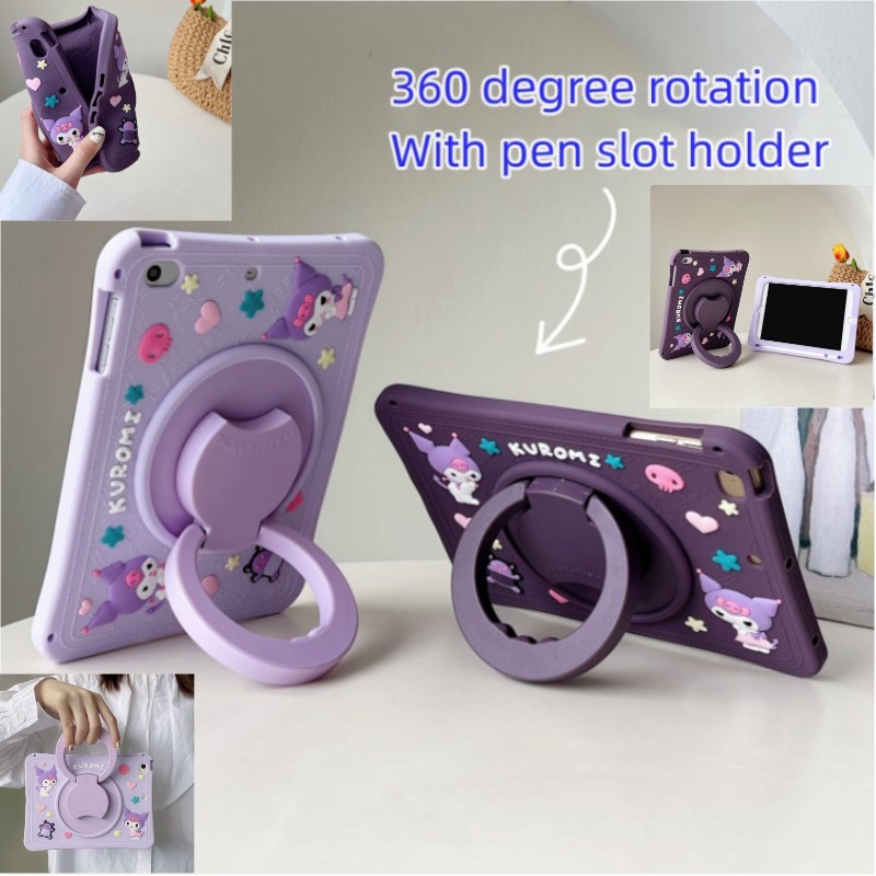 For iPad Mini 1 2 3 4 5 6 360 Degree Rotating Bracket Cute Cartoon Soft Silicone Shockproof Tablet PC Case Substitute Pen Slot