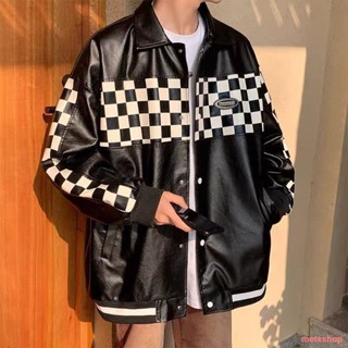 💕พร้อมส่ง🛫American Checkerboard Baseball Uniform แจ็คเก็ตหนัง PU