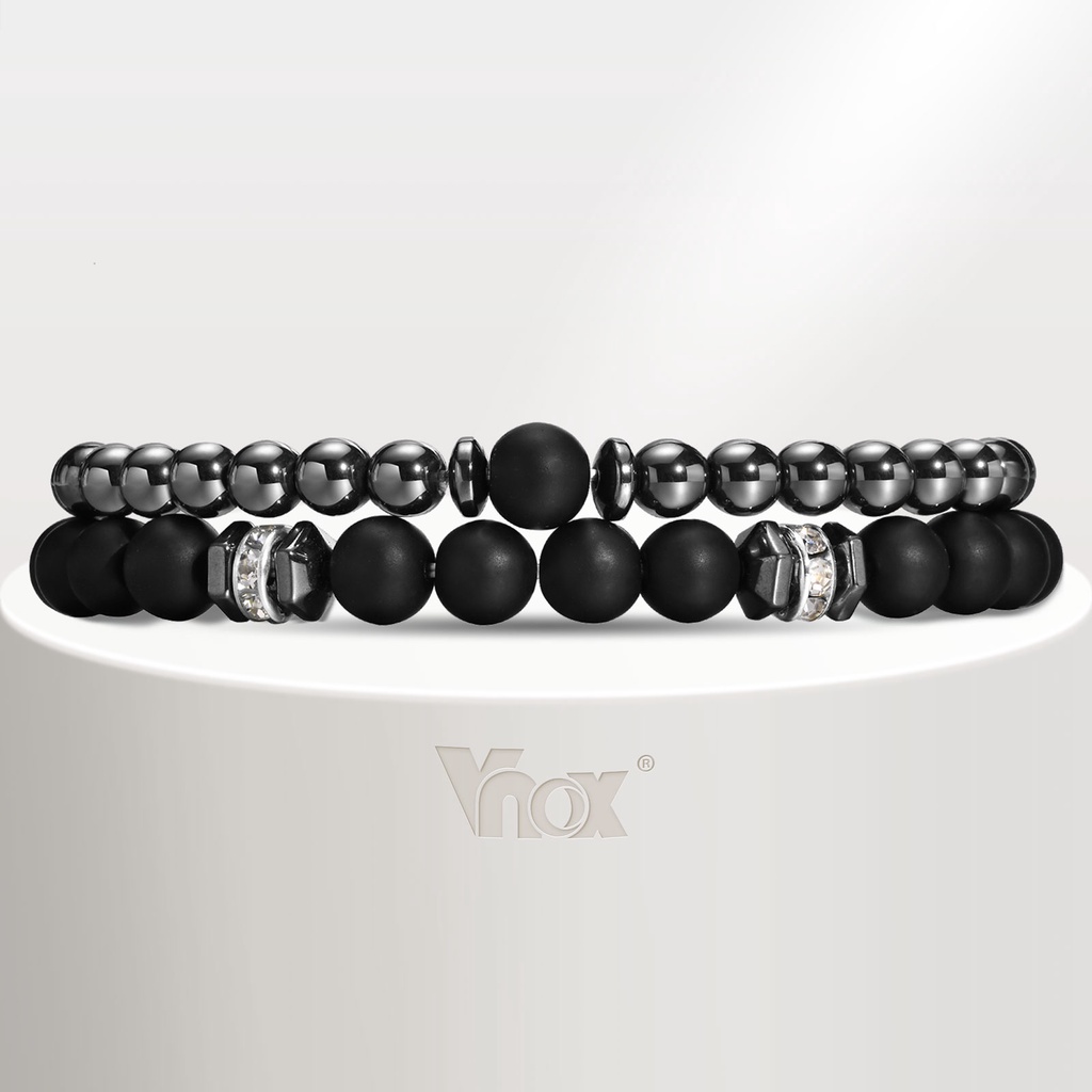 Vnox สร้อยข้อมือลูกปัดหินอาเกต หินภูเขาไฟ 8 มม. 6 มม. ของขวัญ สําหรับผู้ชาย 2 ชิ้น ต่อชุด