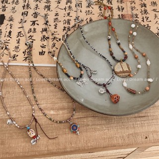 INS Korean Men Women Vintage Geometric Chinese Red Agate Rice Beads Ethnic Style Necklace Personalized Colorful Bead Clavicle Chain Girls Fashion Retro Jewelry Accessories