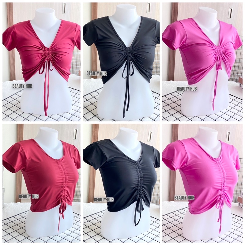 [ 092 ] เสื้อครอป แขนสั้น มีสายรูดด้านหน้าปรับรูปแบบได้ ครอปเก๋ สวยหวาน ผ้ายืดใส่สบาย