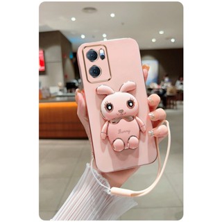 เคสโทรศัพท์มือถือ ขอบตรง ลายกระต่ายน่ารัก พร้อมที่ตั้งวาง สําหรับ Oppo A7 A5S A12 A9 2020 A5 2020 A72 5G A73 2022 F17 A1K A71