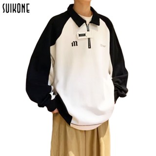 Suikone ผู้ชายสิ่งทอลายทแยงฤดูใบไม้ร่วงโปโลเสื้อคอแขนยาว hoodie ผู้ชายหลวมญี่ปุ่นอเมริกันถนน splicing แนวโน้มปกด้านบน