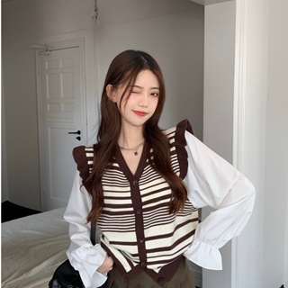 Suxi เสื้อคาร์ดิแกน คอวี แขนยาว ผ้าถัก ลายทาง แฟชั่นฤดูใบไม้ร่วง