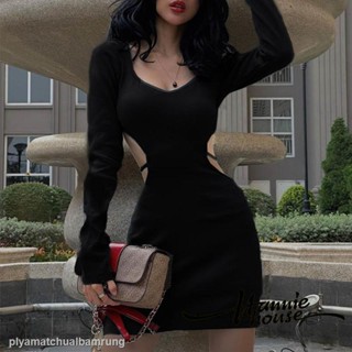 ♦﹉☃Hannie-Women Back Hollow-Out Long Sleeve Low-Cut Bodycon Dress