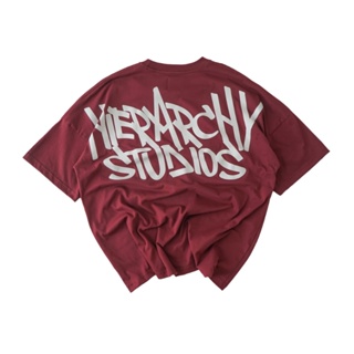 Hierarchy Studios - เสื้อยืด โอเวอร์ไซซ์ พิมพ์ลายกราฟฟิตี้โลโก้กว้าง สีมาการอง