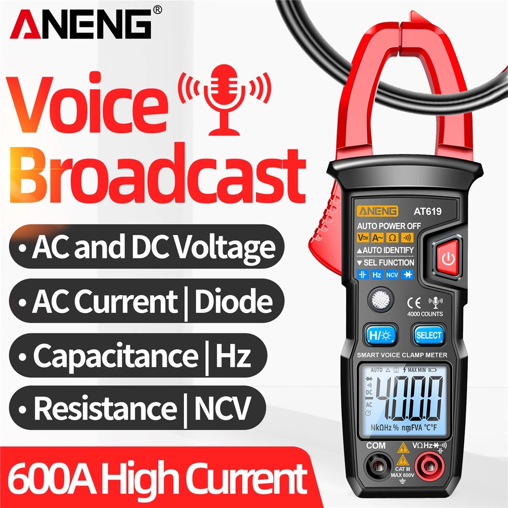 เครื่องวัดกระแสไฟฟ้าแบบหนีบดิจิตอล NCV พร้อมมัลติมิเตอร์ เครื่องทดสอบกระแสและแรงดันไฟฟ้ากระแสสลับ สำหรับการทดสอบระบบไฟฟ้าในรถยนต์ช่วงฤดูร้อน พร้อมกล่อง 1 ชุด รุ่น AT619 สีแดงดำ