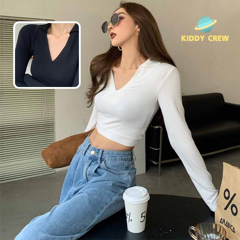 มีโปรโมชั่นลดราคา เสื้อครอปสไตล์สาวเกาหลี เสื้อครอปแฟชั่นเซ็กซี่ เสื้อครอปแขนยาว สำหรับผู้หญิง