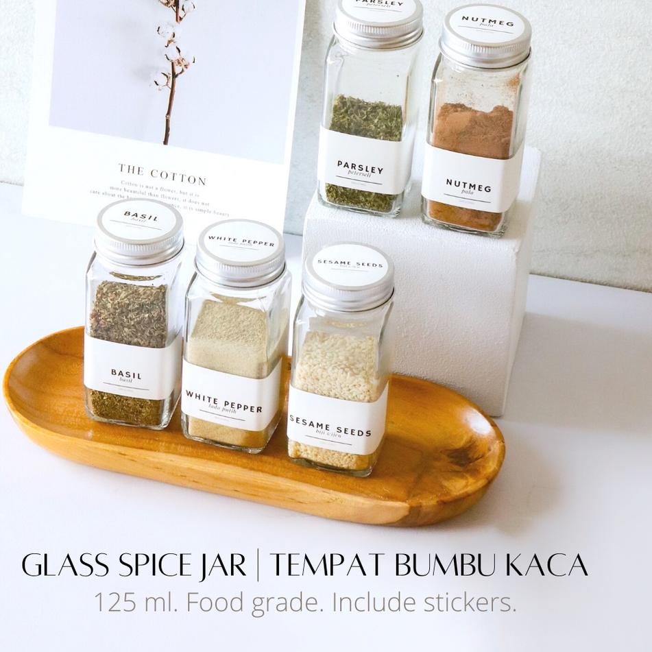 อินอินอิน⚡คอน !! GLASS Kitchen SPICE JAR with Aesthetic STICKER / JAR / GLASS SPICE JAR Square / 125