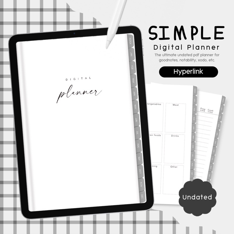 แพลนเนอร์, Digital Planner, Minimal Planner, Undated Planner, Hyperlinked, Planner2024, White & Blac