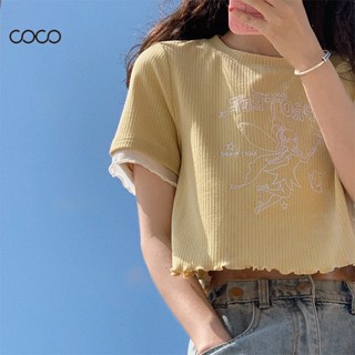 Coco~เสื้อยืดผู้หญิง เสื้อยืดเกาหลี เสื้อยืดถัก เสื้อยืด Slim Fit เย็บปักถักร้อยการ์ตูน แฟชั่นผู้หญิง 2XL