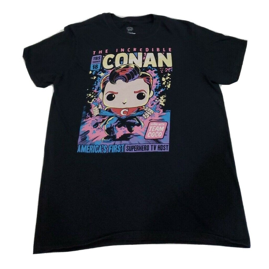 เสื้อยืดราคาถูกขายดี เสื้อยืดลําลอง แขนสั้น พิมพ์ลาย Funko POPs The Incredible Conan Superhero TV Host สีดํา ขนาดกลาง