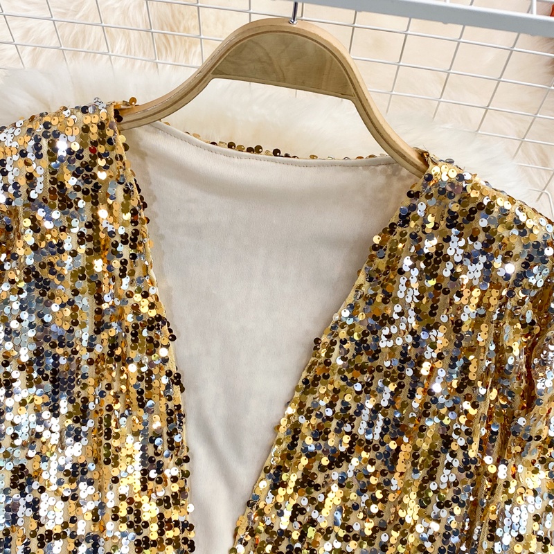 Glitz เสื้อคาร์ดิแกน คอวี แขนยาว กลิตเตอร์ สีดํา ทอง เงิน สําหรับผู้หญิง - รูปที่ 3