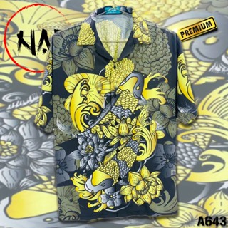 เสื้อฮาวาย ปลาคาร์ฟทองพื้นดำ A643 ผ้าไหมอิตาลี