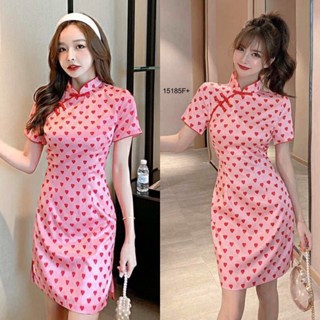 MM15185 เดรสกี่เพ้าแขนสั้นลายหัวใจ Short-sleeve dress with heart pattern