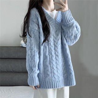 [พร้อมส่ง] เสื้อกันหนาวแขนยาว คอวี ผ้าถัก ทรงหลวม สีฟ้า สไตล์เรโทร