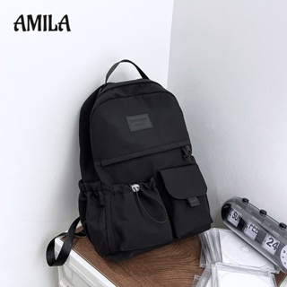 AMILA กระเป๋าเป้ เทรนด์แฟชั่นใหม่ กระเป๋าเป้สีทึบ วัสดุไนลอน กระเป๋าเป้ลำลอง นักเรียน พร็อพ กระเป๋านักเรียนความจุขนาดใหญ่