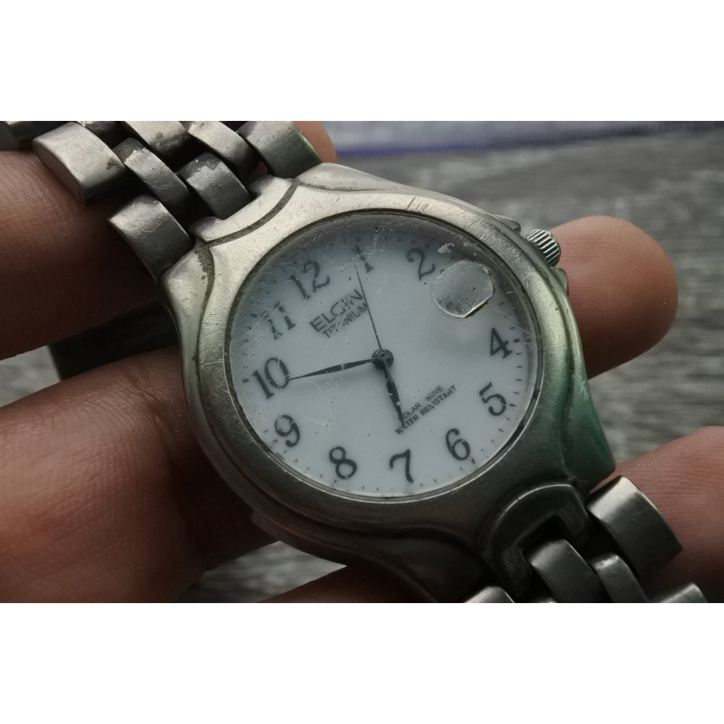 นาฬิกา Vintage มือสองญี่ปุ่น ELGIN TITANIUM ระบบ SOLAR ผู้ชาย ทรงกลม ตัวเรือนไทเทเนียม หน้าขาว หน้าปัด 38mm