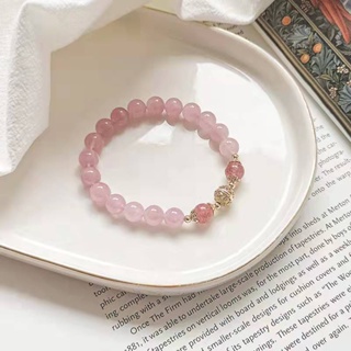 MINDOหินธรรมชาติ 100%สร้อยข้อมือหินมูนสโตน โชคดี ความรักมั่งคั่ง(Strawberry Quartz) (Rose Quartz)