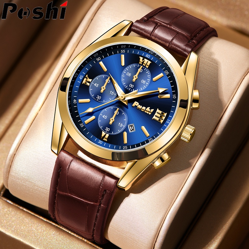 POSHI Jam Tangan Lelaki ผู้ชายนาฬิกาหนังผู้ชาย Casual Analog ควอตซ์นาฬิกากันน้ํา