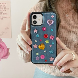 เคสโทรศัพท์มือถือซิลิโคน ผ้ายีน ประดับเพชร สไตล์เกาหลี สําหรับ Apple Iphone 12 14 13ProMax 11 12ProMax 14Pro