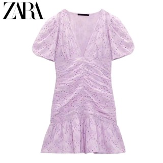 Ur ZARA ชุดเดรส คอวี แขนพัฟ จับจีบ เข้ารูป ปักลาย สไตล์ฝรั่งเศส สําหรับผู้หญิง 5107304