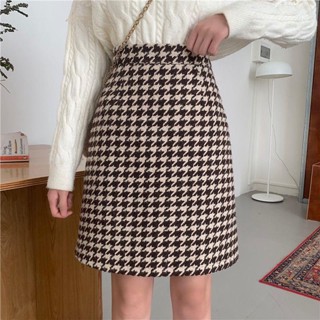 Houndstooth กระโปรงสั้น ทรงเอ ผ้าขนสัตว์ ขนาดเล็ก สไตล์เกาหลี แฟชั่นฤดูใบไม้ร่วง ฤดูหนาว 2022