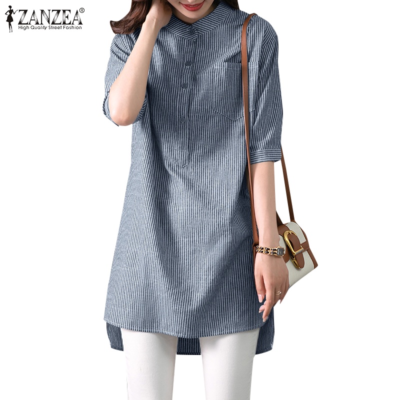 Zanzea เสื้อเบลาส์ แขนครึ่ง ลายทาง สีพื้น แฟชั่นสําหรับผู้หญิง