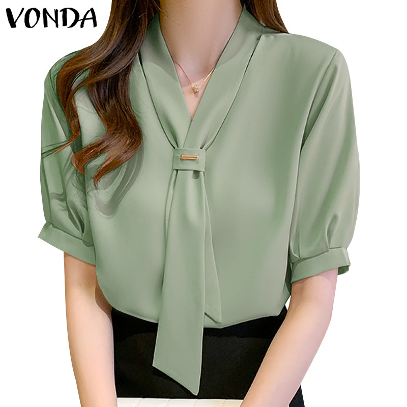 Vonda ผู ้ หญิงเกาหลีคอวีแขนสั ้ นผูกสีทึบปุ ่ มวันหยุดสํานักงานทํางานเสื ้ อ