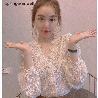 [springevenwell] เสื้อเชิ้ตแขนยาว คอวี ผ้าชีฟอง แบบบาง เข้ารูป แต่งลูกไม้ แฟชั่นฤดูร้อน สําหรับผู้หญิง สินค้าใหม่