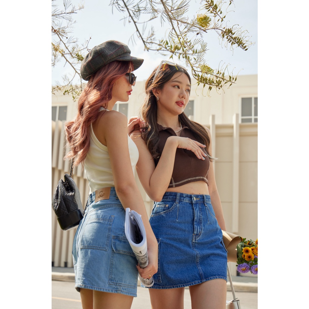 Sis story กระโปรงยีนส์ คาโก้ ทรงเอเอวสูง Sis SK203 Cargo Mini Skirt - Blue/Dark blue