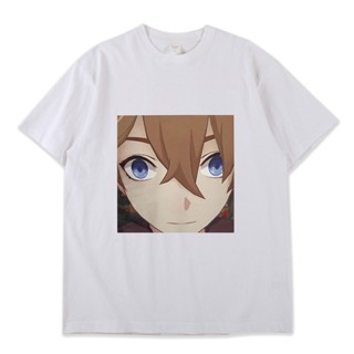 Anime Tartaglia Face Meme Genshin Impact Game Classic Comic Print Summer Short-sleeved Casual Woman T-shirt_05