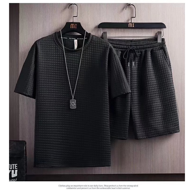 เสื้อยืดแขนสั้น กางเกงขาสั้น ผ้าถัก ลายวาฟเฟิล สีดํา สีขาว สําหรับผู้ชาย และผู้หญิง