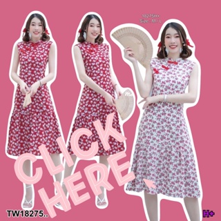 18275 เดรสกี่เพ้า แขนกุด ลายกุหลาบจิ๋ว Sleeveless mini dress with mini rose pattern