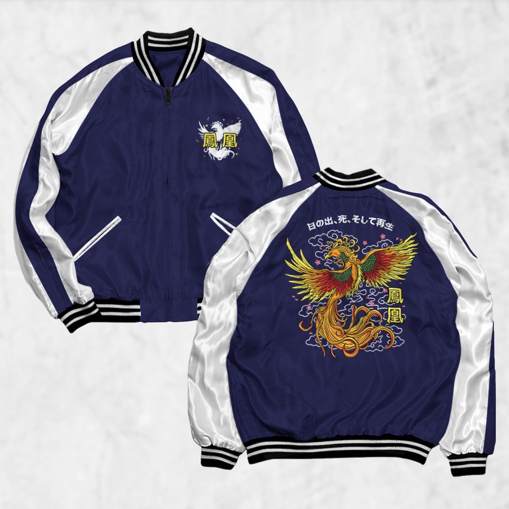 Rottenklass Sukajan Jacket WAYANG Motif Navy White Screen พิมพ์แจ็คเก็ตผู้ชายผู้หญิง Distro Unisex ญ