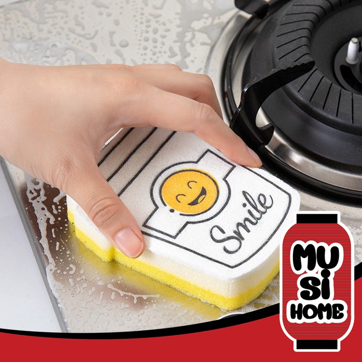 MUSI.HOME【ราคาถูก】ฟองน้ำล้างจาน ฝอยขัดหม้อ ฟองน้ำรูปยิ้ม แพ็ค4 ชิ้น การ์ตูนล้างจานฟองน้ำกำจัดสิ่งสกปรก C75
