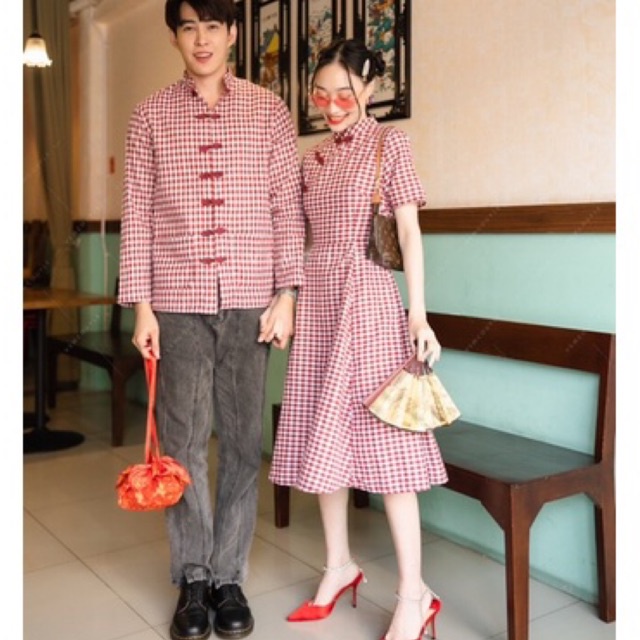 Vsm ชุดตรุษจีน เดรสคอจีน+เสื้อ ชุดคู่